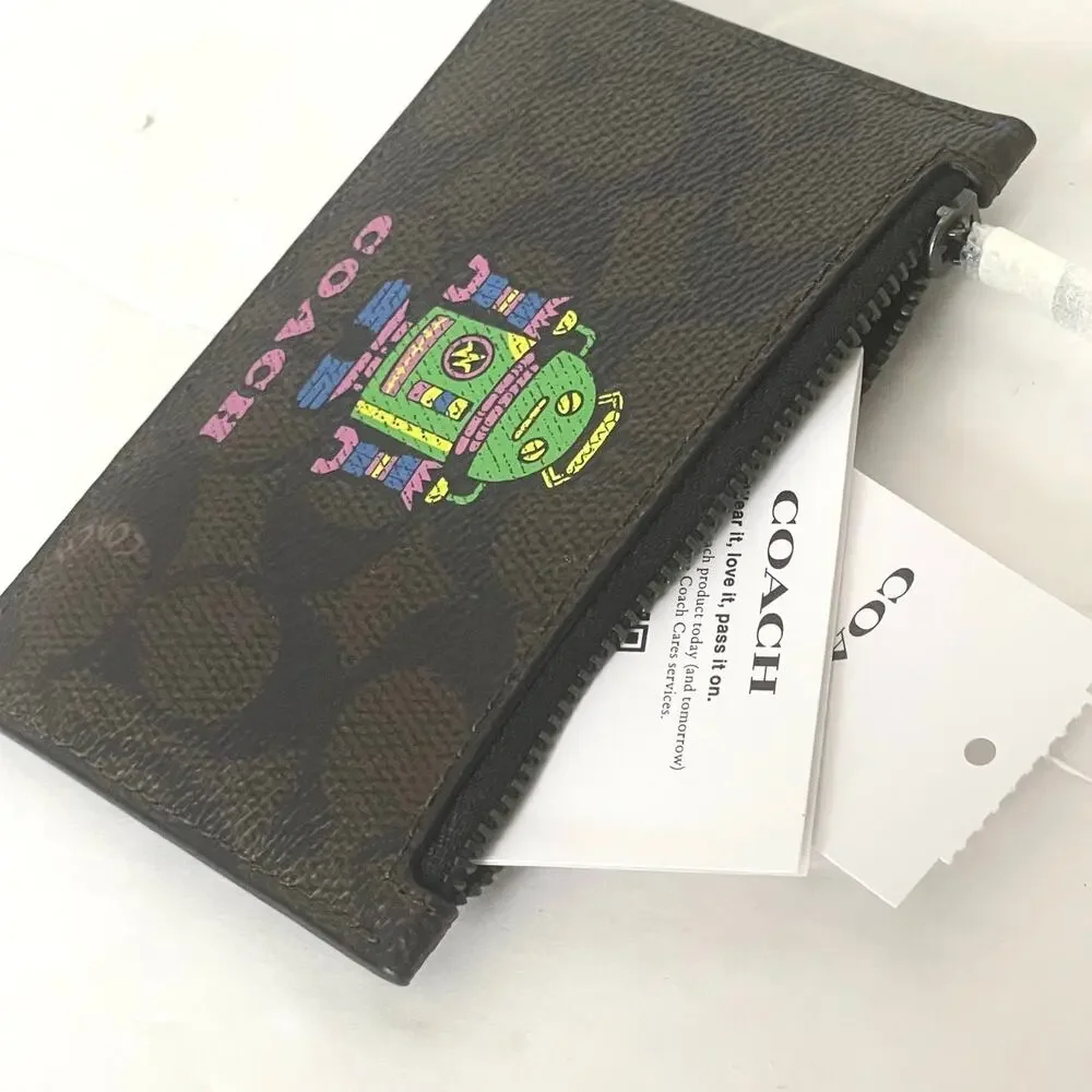 Coach Cosmic Robot Zip Card Case CW223 Brown Leather Wallet